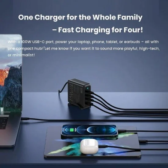 Zlos 100W 4-Port USB-C Gan Charger With Cable & Charging Stand - Black